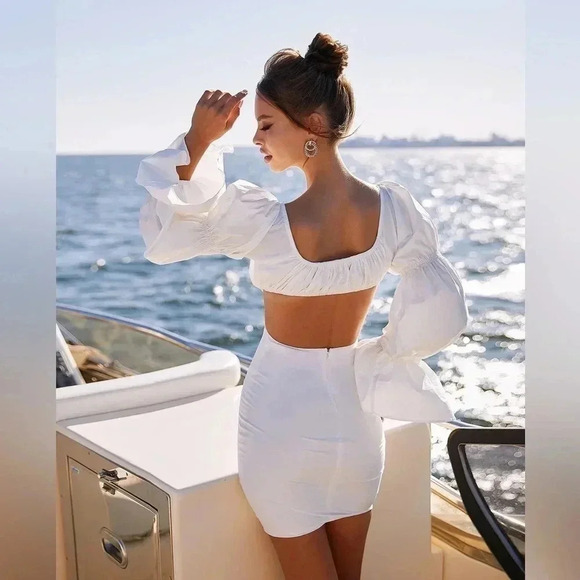 NWOT Alamour The Label Miliani White Cotton Cutout Puff Sleeve Mini Dress XS - Picture 2 of 15